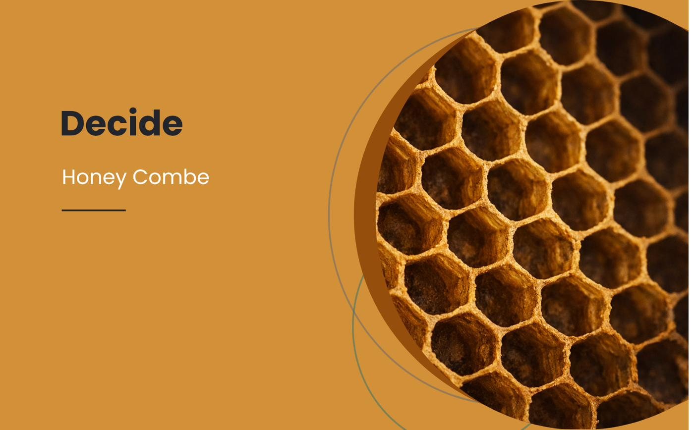 A honeycomb of hexagonal cells, illustrating the Decide stage