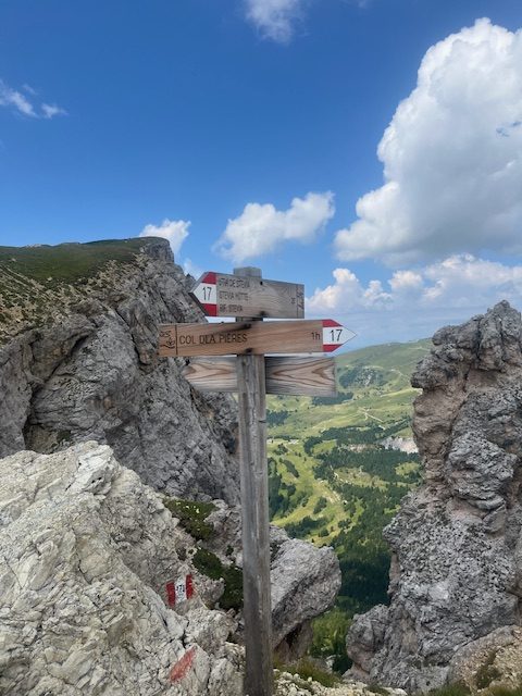 A wooden trail signpost on a rocky ridge, with blue sky and a green valley behind it